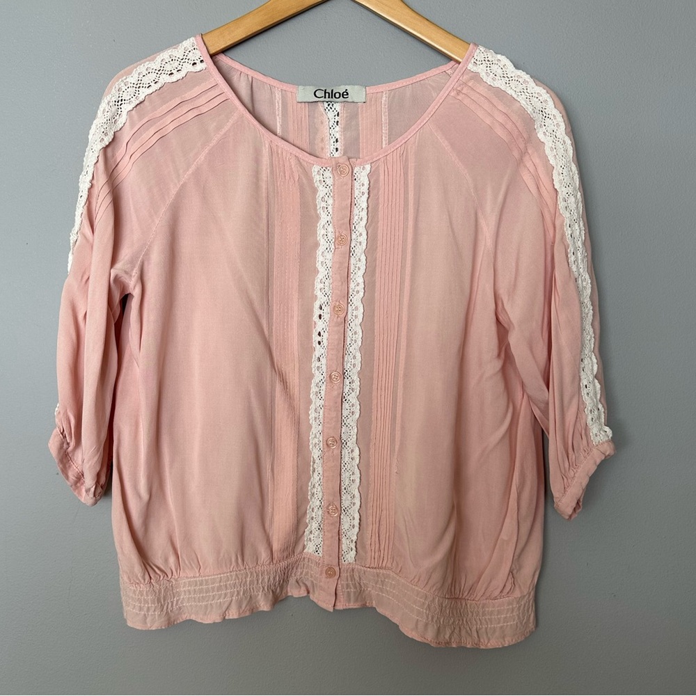 Chloé Pink Lace-Trim Button Front Blouse